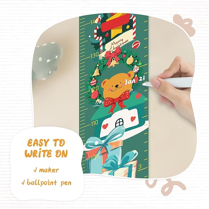 Personalized Name Growth Chart Wall Decor for Kids – Canvas Removable Height Chart Measuring Ruler 59" x 7.9" （Christmas Deer）