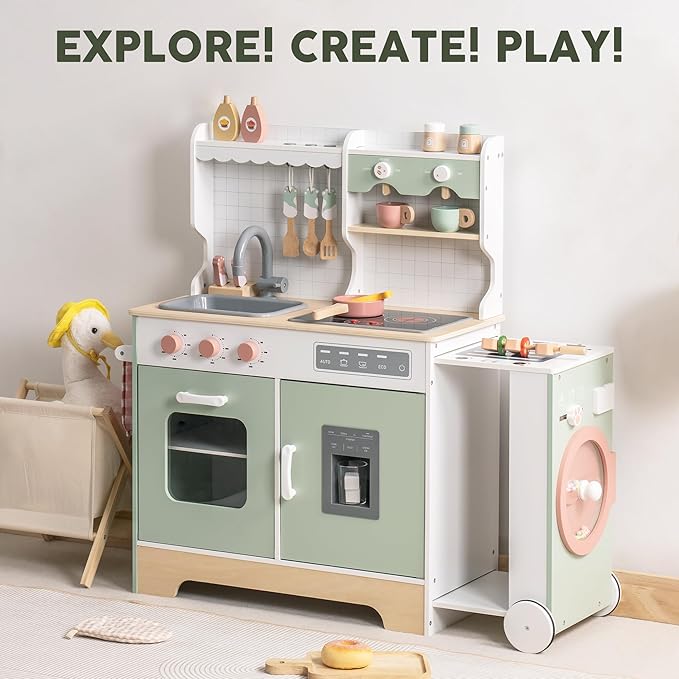 ROBOTIME Wooden Play Kitchen for Kids, Pretend Kitchen Set with Ice Maker, BBQ, Lights & Sounds, Toy Kitchen for Toddlers Ages 3+, Kitchen for Boys and Girls