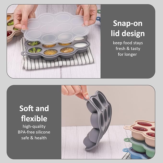 Silicone Baby Food Freezer Tray 2Pack Perfect Food Storage Containers for Homemade Baby Food, Fruit Purees, Breastmilk, Vegetable (Grey + Tan)