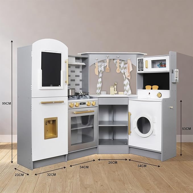Large Wooden Corner Play Kitchen Sets with Ice Maker,Water Dispenser,Bread Maker,Washing Machine,Electronic Display,Toy Sink with Running Water,Stove with Light&Sounds, Birthday Gift for 3+