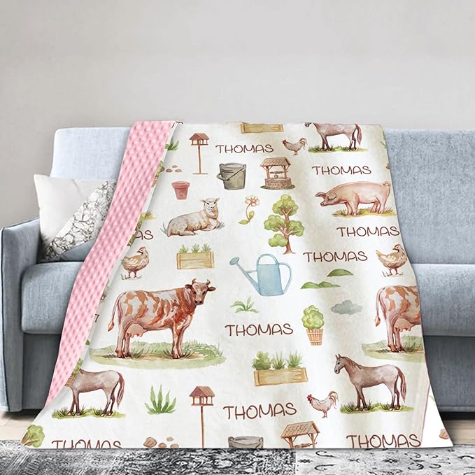 Personalized Baby Blankets for Boys Girls, Custom Name Farm Animals Pattern Baby Blanket, Soft Minky Dot Blanket for Newborns and Toddlers, Ideal for Baby Showers Christmas Brithday Gifts
