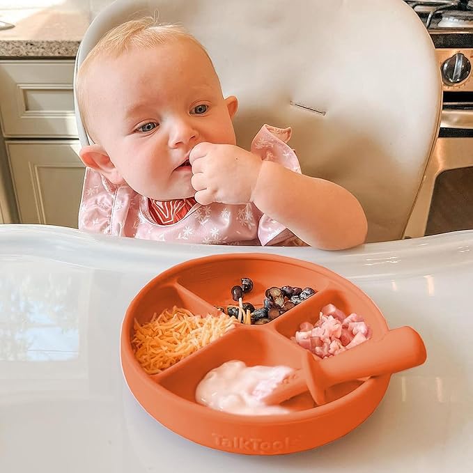 TalkTools Itsy Plate Must-Have Silicone Baby Plates with Suction | Non-Toxic Toddler Feeding Plate | Divided Portion | BPA-Free, Easy-Clean, Travel-Friendly Baby Dishware - Made in USA (Tangerine)