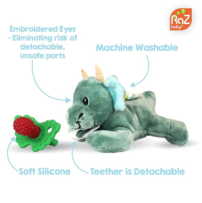 RaZbaby Penguin RaZbuddy w/RaZberry Teething Relief Pacifier – Soothes Sore Gums w/Nature-Inspired Texture, 100% BPA-Free Silicone Teether, Detachable Stuffed Animal – 3 Months+ Teether, Blue