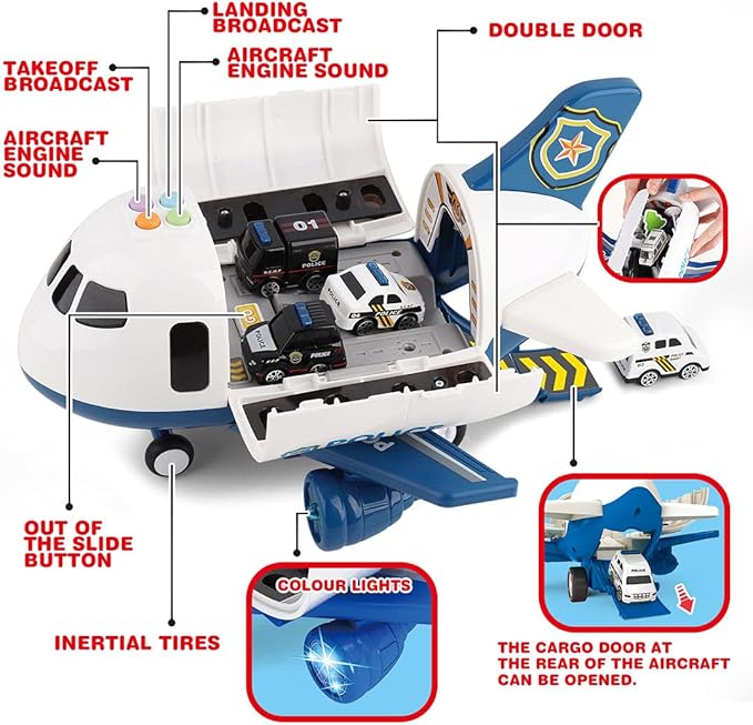 Dwi Dowellin 5 in 1 Airplane Toys with Light and Sound,Police car Toys with Activity Mat, Christmas Birthday Gifts for Kids 3 4 5 6 Year Old Boys Girls