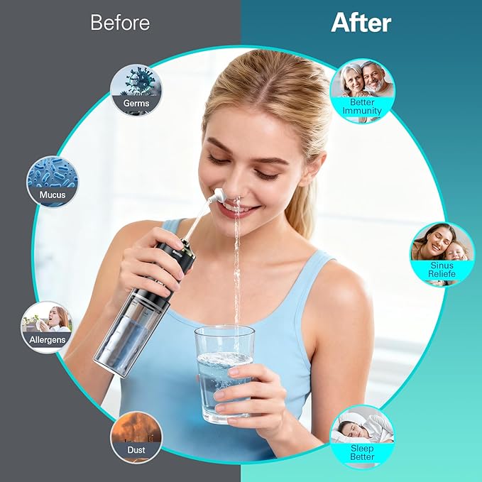 Electric Nasal Irrigation System Nasal Rinse and Wash, Cordless Foldable Neti Pot Sinus Rinse Decongestant Relief System IPX7 Waterproof with 60 Saline Packets, Snoring Remedy (Black)