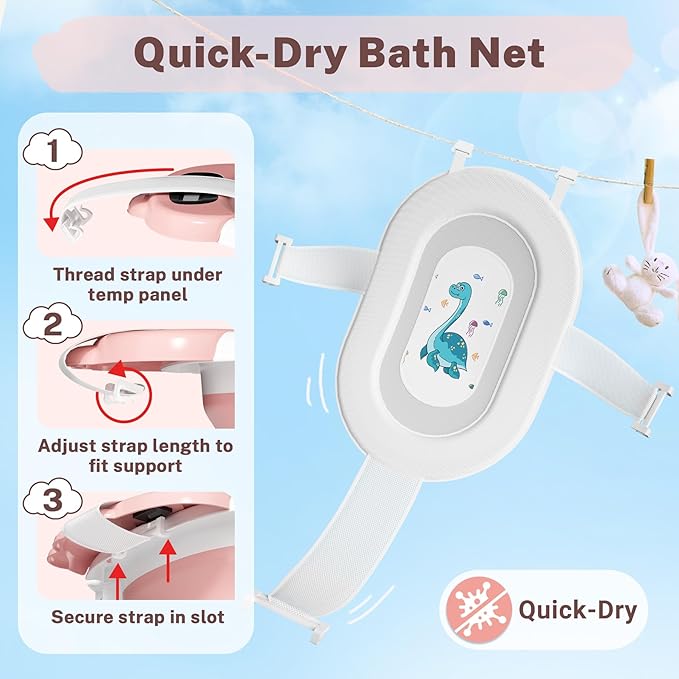 AVIDOR Baby Bathtub,Collapsible Bathtub for Newborn to Toddler,Durable Essential Infant Bath Tub,Portable Travel Baby Tub with Soft Bath Net,No-Slip Feet and Dinosaur Shaped (Pink)