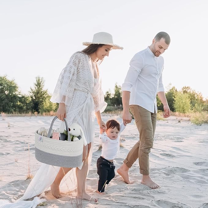 KiddyCare Woven Diaper Caddy Organizer, Large Gray Multi Functional Portable Baby Basket with Handle, Baby Gift for Boy/Girl Nursery Storage, Organization, and Modern Car Diaper Caddy Gray X-Large