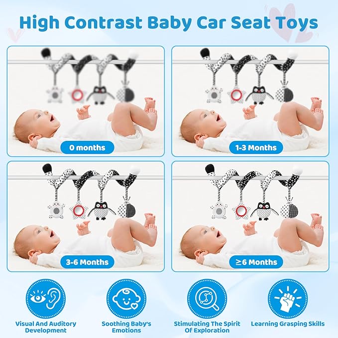High Contrast Baby Toys - Black & White Hanging Toys for Car Seat, Stroller & Crib | Newborn Essentials 0-6 Months | Perfect
