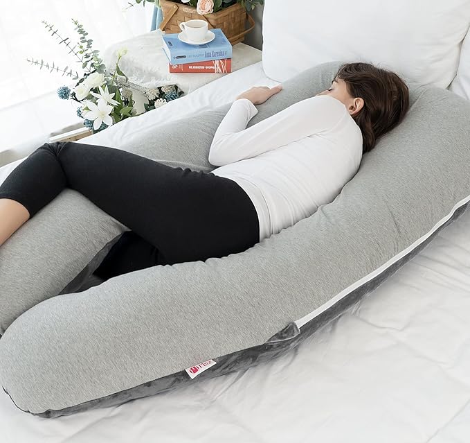 Meiz Pregnancy Pillows Cooling, Pregnancy Pillow U Shaped, Full Body Pillow and Maternity Pillow for Support Neck/Back/Legs with Pregnancy Pillow Cooling Jersey Cover & Velvet Cover, Grey