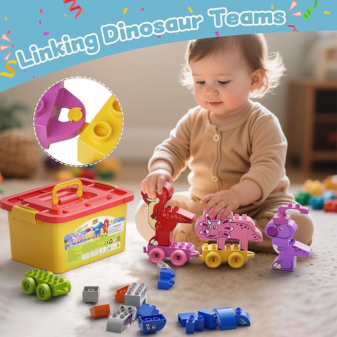 Train Building Block Set Dinosaurs Educational Toy STEM Learning for Toddlers Preschool Ages 3+Girls Boys, Creative Nature Toy Activity Playset with Storage Bucket Birthday Gift Ideas