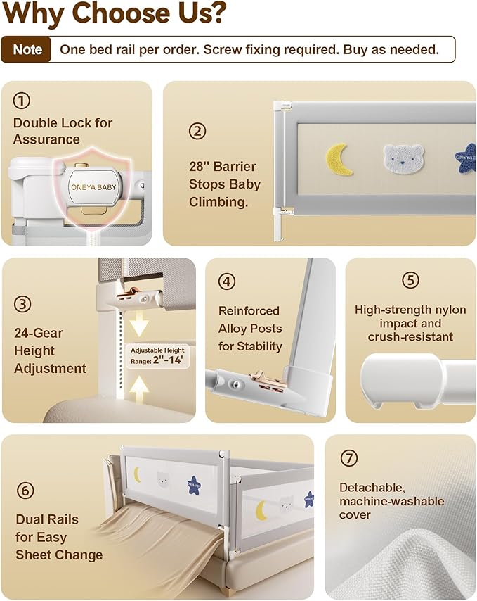 Baby Bed Rail Guard for Toddlers, Reinforced 60in Toddler Bed Rails for Queen Bed with Height Adjustable, Extral Tall Child Safety Side Railing Guards/Bedrail for Kids,Grey Star, 1 Side 54" Lx28” H