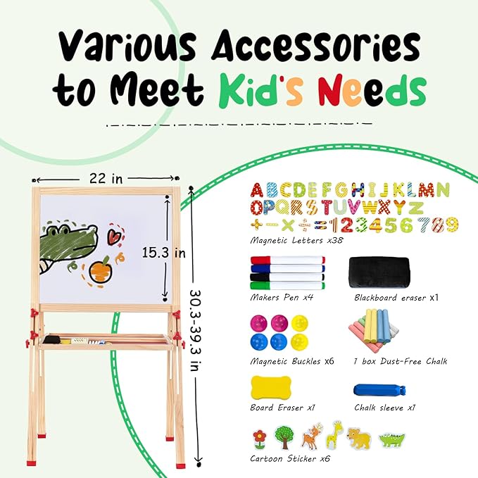 Foldable Kids Painting Easel Double Sided Chalkboard & Magnetic Whiteboard Wooden Art Easel Adjustable Height with Accessories Gift for Toddlers and Kids Ages 3-8