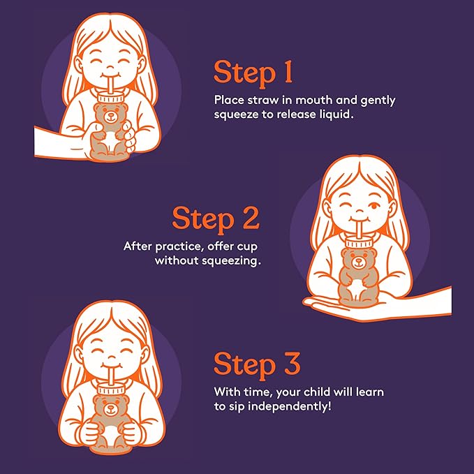 Special Supplies Honey Bear Straw Cup Long Straws, Squeezable Therapy and Special Needs Assistive Drink Container, Spill Proof and Leak Resistant Lid (Pack of 1 Bottle and 3 Straws) (Brown)