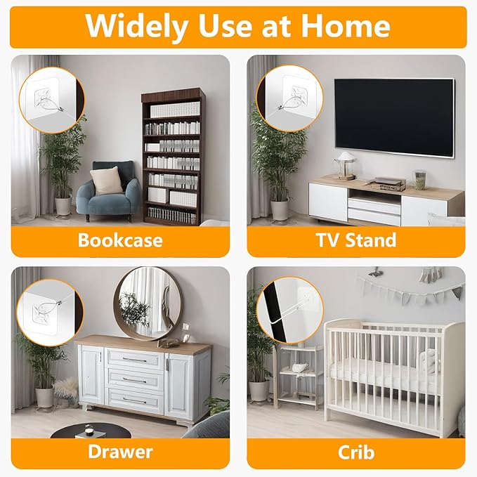 No Drill Metal Furniture Anchors (10 Packs) for Baby Proofing, 14" Adhesive Anti-Tip Furniture Wall Safety Straps for Child, Keep Toddlers & Pets Safe from Falling Furniture Like Dresser & Bookshelf