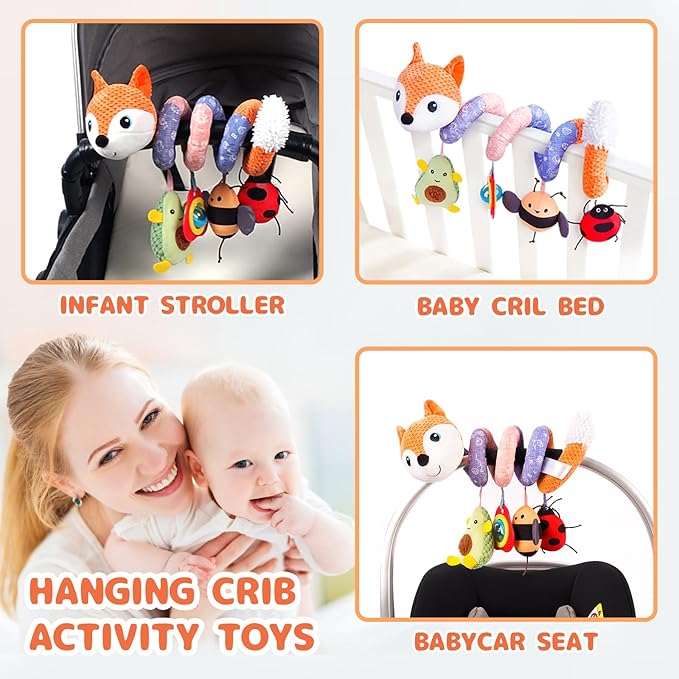 Koty Car Seat Toys, Infant Baby Spiral Plush Activity Hanging Toy for Stroller Bar Pram Crib with Music Box BB Squeaker & Rattles(Orange Fox)