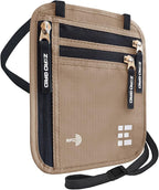 Neck Wallet for Travel & Passport Holder with RFID Blocking - Slim & Easy to Conceal Nylon Travel Pouch for men & women - Holds Phone, Cash, Cards, Keys - Sweat & Water Resistant - Large - Desert Sand