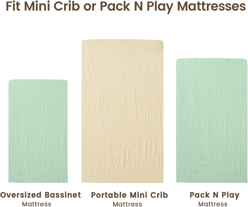 david's kids Muslin Mini Crib Sheets, 2 Pack Cotton Pack N Play Sheets for Boys Girls Neutral, Soft Breathable Baby Sheets Fit Pack N Play, Playard and Mini Crib Mattresses, Beige & Green