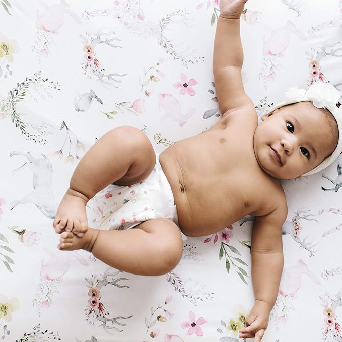 Oilo Crib Sheet, Breathable, Fitted, Turkish Cotton Jersey, 300 Thread Count, Machine Washable, Fits Standard Crib (28" x 52" x 6"), Toddler Bedding, Girl, Boy, & Neutral Nursery Design, Woodland Fawn