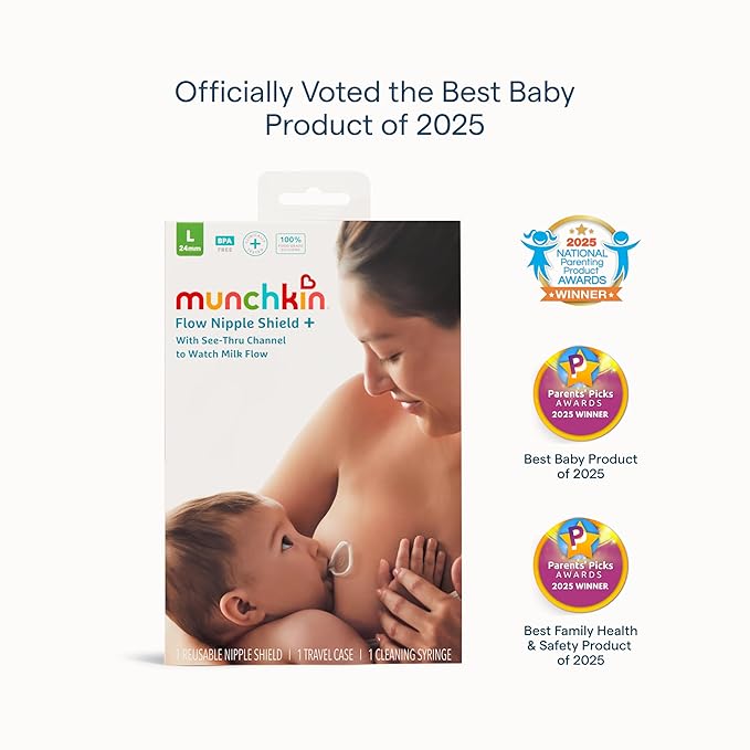 Munchkin® Flow Nipple Shield + with See-Thru Channel to Watch Milk Flow - Nurse Confidently and Meet Your Breastfeeding Goals, Silicone - 24mm