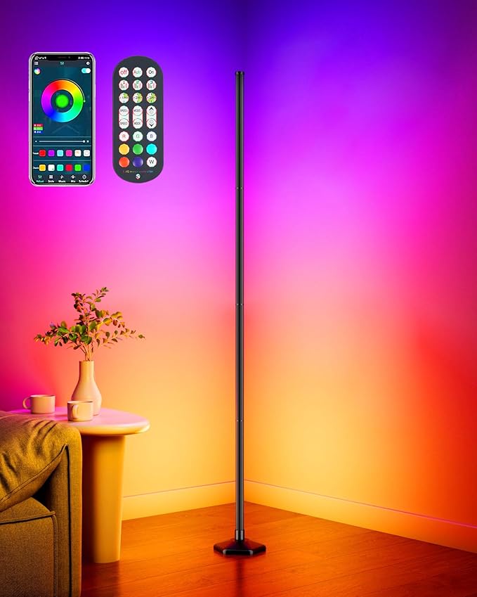 Smart RGB LED Corner Floor Lamp with App and Remote Control, 65" Color Changing Standing Lamp with Music Sync and 16 Million DIY Colors, Modern Floor Lamps for Bedroom Living Room Gaming Rooms