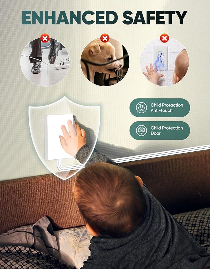 Outlet Concealer Power Strip-Outlet Cover Extender with 3AC Outlets-10ft Flat Plug Extension Cord,Universal Size,1625W for Kitchen, Home and Office,Child & Pet Safe(10 Foot)