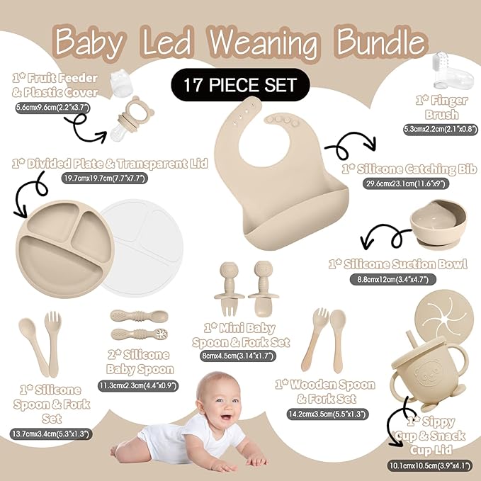 Baby Led Weaning Supplies, 17 Piece BPA-Free Silicone Feeding Set, Eating Essentials Baby Utensils with Suction Plate and Bowl, Pocket Bib, Sippy Cup with Lid, for 6+ Months, Beige