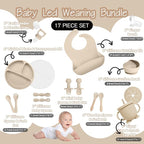 Baby Led Weaning Supplies, 17 Piece BPA-Free Silicone Feeding Set, Eating Essentials Baby Utensils with Suction Plate and Bowl, Pocket Bib, Sippy Cup with Lid, for 6+ Months, Beige