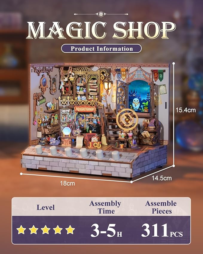 Tonecheer DIY Miniature House Kit, Wooden Dollhouse Kit with White Noise,Tiny Diorama House Building Set with Electronic Screen Craft Kits Make for Aduls (Magic Shop)