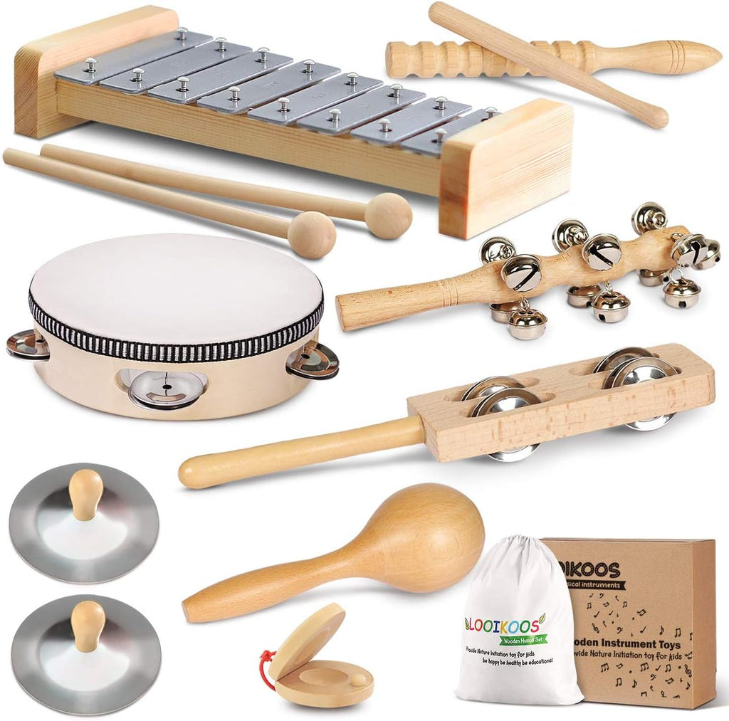 LOOIKOOS Toddler Musical Instruments, Eco Friendly Music Set for Kids Preschool Educational, Natural Wooden Percussion Instruments Musical Toys for Boys and Girls with Storage Bag