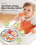 Stainless Steel Toddler Plate with Suction, 8” Divided Plates with Removable Silicone Sleeves for Baby, Non Toxic Unbreakable Kids Snack Dishes Set of 4, Sage Blue Beige Lilac