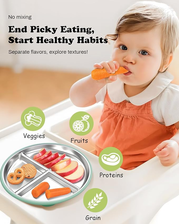 Stainless Steel Toddler Plate with Suction, 8” Divided Plates with Removable Silicone Sleeves for Baby, Non Toxic Unbreakable Kids Snack Dishes Set of 4, Sage Blue Beige Lilac