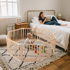 Foldable Wooden Playpen, Large Baby Play Yard with Locking Gate for Babies and Toddler 1-3 Year, Portable Playpen for Activity Center Indoor Outdoor(Wood, 6 Panel)