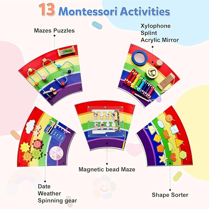 Activity Wall Busy Board for Toddlers: Montessori Sensory Toys- Sensory Wall Panel for Kids Playroom Daycare Learning Center Rainbow
