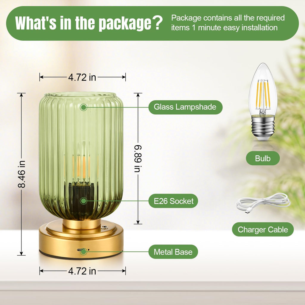 Small Table Lamp for Bedroom, Dimmable Cordless Lamp, Rechargeable Battery Operated Lamp with Green Glass Shade Touch Lamps for Night Stands, Living Room, Desk, Bulb Included