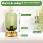 Small Table Lamp for Bedroom, Dimmable Cordless Lamp, Rechargeable Battery Operated Lamp with Green Glass Shade Touch Lamps for Night Stands, Living Room, Desk, Bulb Included