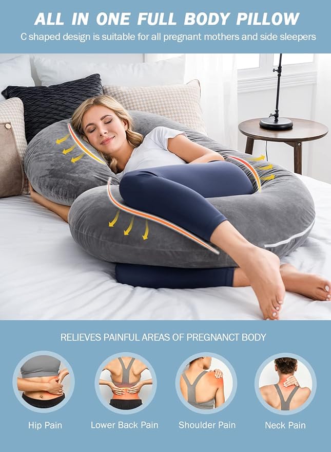 INSEN Pregnancy Pillow,Maternity Body Pillow with Velvet Cover,C Shaped Body Pillow for Sleeping (Grey)