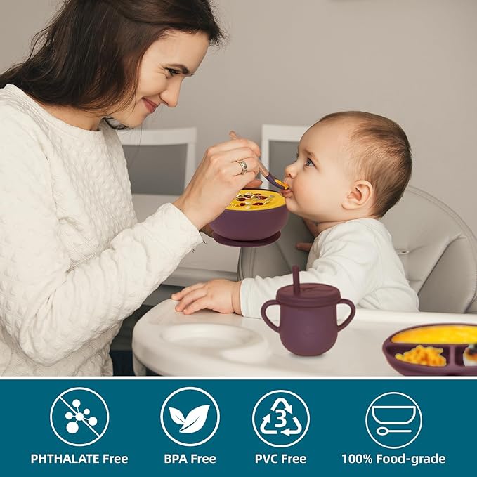 100% Silicone Baby Feeding Set, BPA Free Dishes With Suction Bowl, Divided Plate, Toddler Self Feeding Utensils, Spoons, Forks, Sippy Cup and Bib (Dark Red)