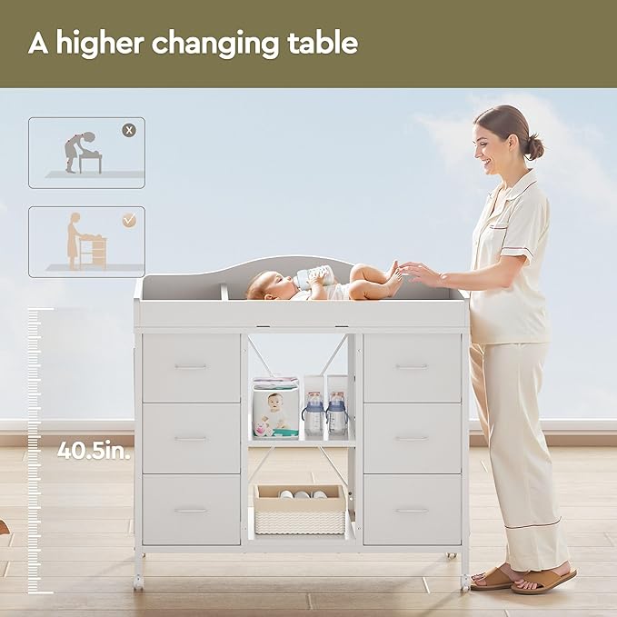 Changing Table, 6-Drawer Baby Dresser with Changing Table top, Waterproof Diaper Changing Station & Pad, 2 Height-Adjustable Open Storage Shelves, Mobile Nursery Organizer, White