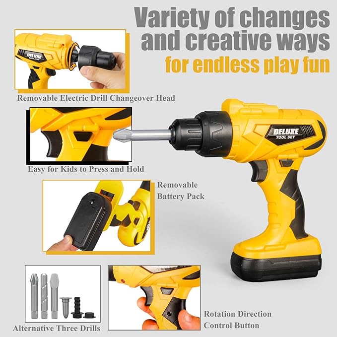 Zealous 48pcs Kids Tool Set with Tool Box & Electronic Toy Drill, Pretend Play Construction Kits for Kids Ages 3-5 Years Old, Toddler Boy Toys