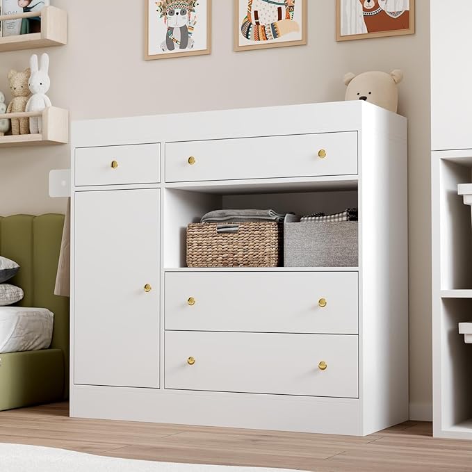 WOODTIME 43.3" W Nursery Dresser with Diaper Changing Tray, 2 Hidden Organizers & Towel Racks, Baby Kids Dresser Changing Table with 4 Drawers & 2 Shelves for Bedroom, White