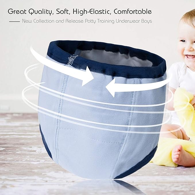 Joyo roy 4Pcs Potty Training Underwear for Boys and Girls 100% Cotton Soft Super Absorption Padded Thickness Toilet Training Pants Waterproof 5T Underwear Boys Pee Pants with Potty Sticker Chart