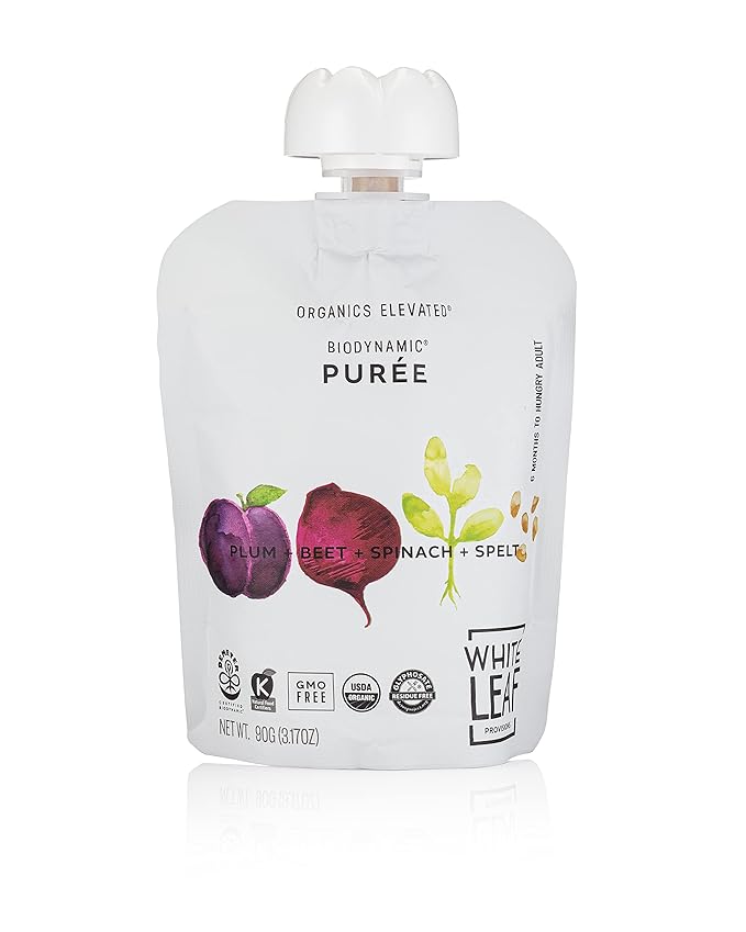 White Leaf Provisions Organic Purees / Baby Food Pouches - Fruits, Veggies & Grains, Toddler snack, Regeneratively Farmed, No Added Sugar, Non-GMO, BPA-Free Pouches 3.17 oz (Pack of 24, Plum + Beet + Spinach + Spelt)