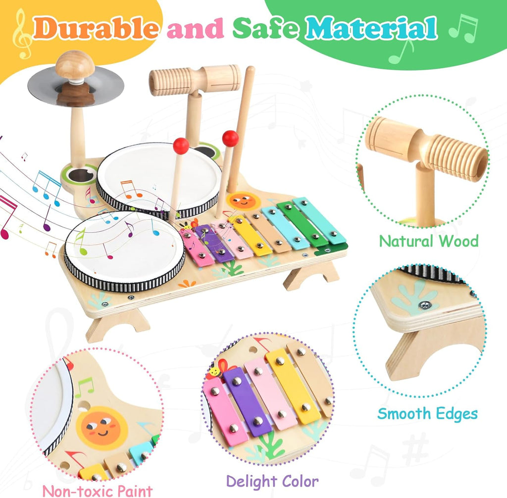 Kids Drum Set for Toddlers, Montessori Wooden Musical Instruments Preschool Educational Baby Musical Toys, Xylophone Bell Music Sensory Toys Birthday Gifts for Girls Boys