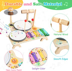 Kids Drum Set for Toddlers, Montessori Wooden Musical Instruments Preschool Educational Baby Musical Toys, Xylophone Bell Music Sensory Toys Birthday Gifts for Girls Boys
