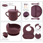 100% Silicone Baby Feeding Set, BPA Free Dishes With Suction Bowl, Divided Plate, Toddler Self Feeding Utensils, Spoons, Forks, Sippy Cup and Bib (Dark Red)