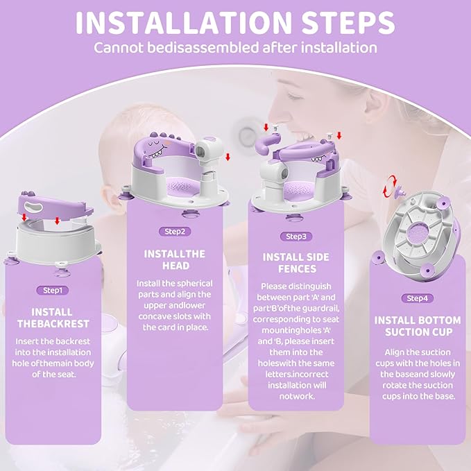 TPN Baby Bath Seat for Babies 6 Months & Up, Non-Slip Toddler Bath Seat with 5 PCS Waterproof Emoji Stickers, Portable Infant Bath Seat for Baby(Lavender)