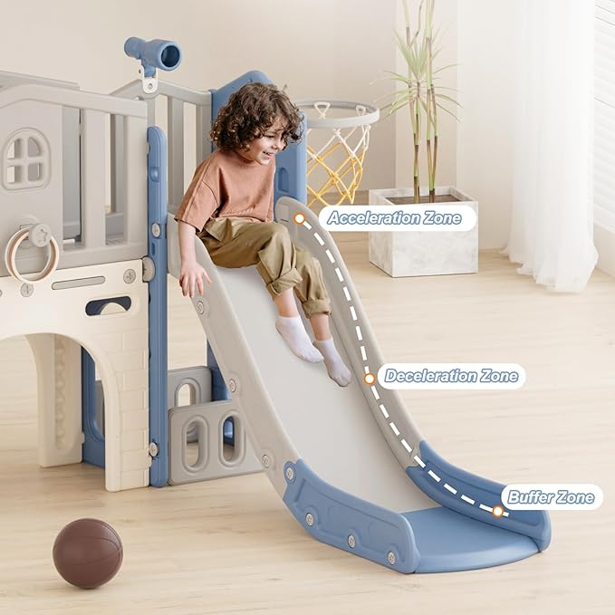 YUFU 8 in 1 Toddler Slide Set, Kids Slide for Toddlers Age 1-3, Toddler Playset with Climber, Basketball Hoop and Ball, Outdoor Indoor Playground for Toddlers 1-3 (Blue+Gray)