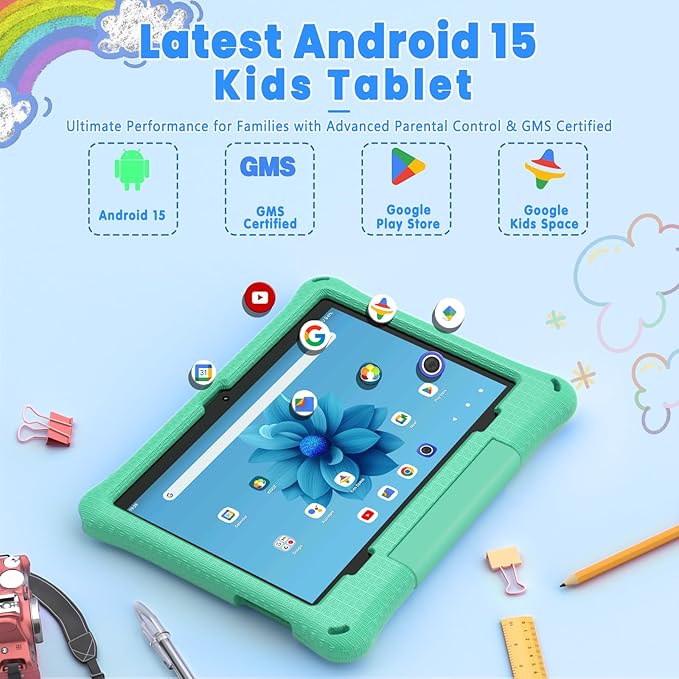 Kids Tablet, 10.1 Inch Android 15 Tablet for Kids, 12GB+64GB, Octa-Core, 6000mAh Battery, WiFi 6, Pre-Installed Kids Apps, Parental Control, ABCmouse for 30-Days Free, with EVA Protective Case (Green)