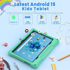 Kids Tablet, 10.1 Inch Android 15 Tablet for Kids, 12GB+64GB, Octa-Core, 6000mAh Battery, WiFi 6, Pre-Installed Kids Apps, Parental Control, ABCmouse for 30-Days Free, with EVA Protective Case (Green)
