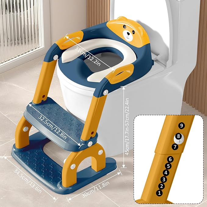 DEEKI Potty Training Seat Upgrade 2 in 1 Toddler Training Toilet Chair Potty Seat with Step Stool Ladder for Baby Kids Boys Girls(Blue and Yellow)